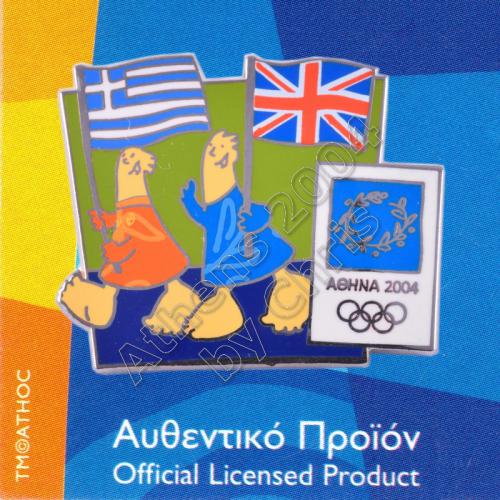 03-043-010 English Greek flags with mascot olympic pin Athens 2004